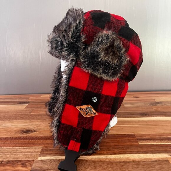 Earth Ragz Trapper Hat Buffalo Red Black Plaid Faux Fur Ear Flaps Hunting Winter - Picture 3 of 9